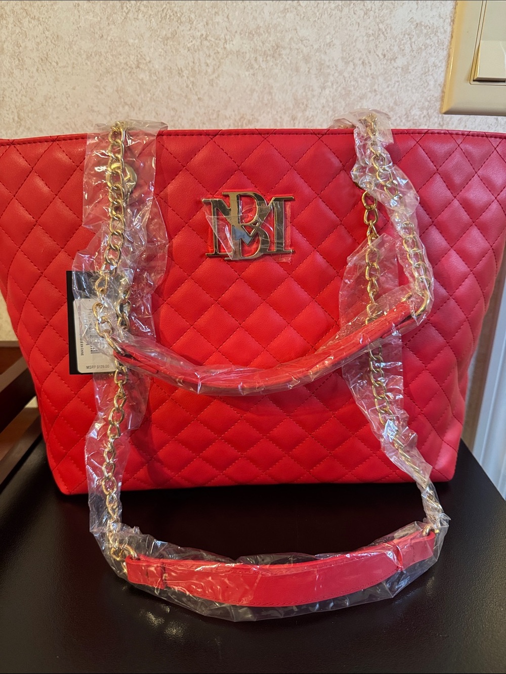 Badgley Mischka Soft Red Quilted Tote with Gold Chain Handles